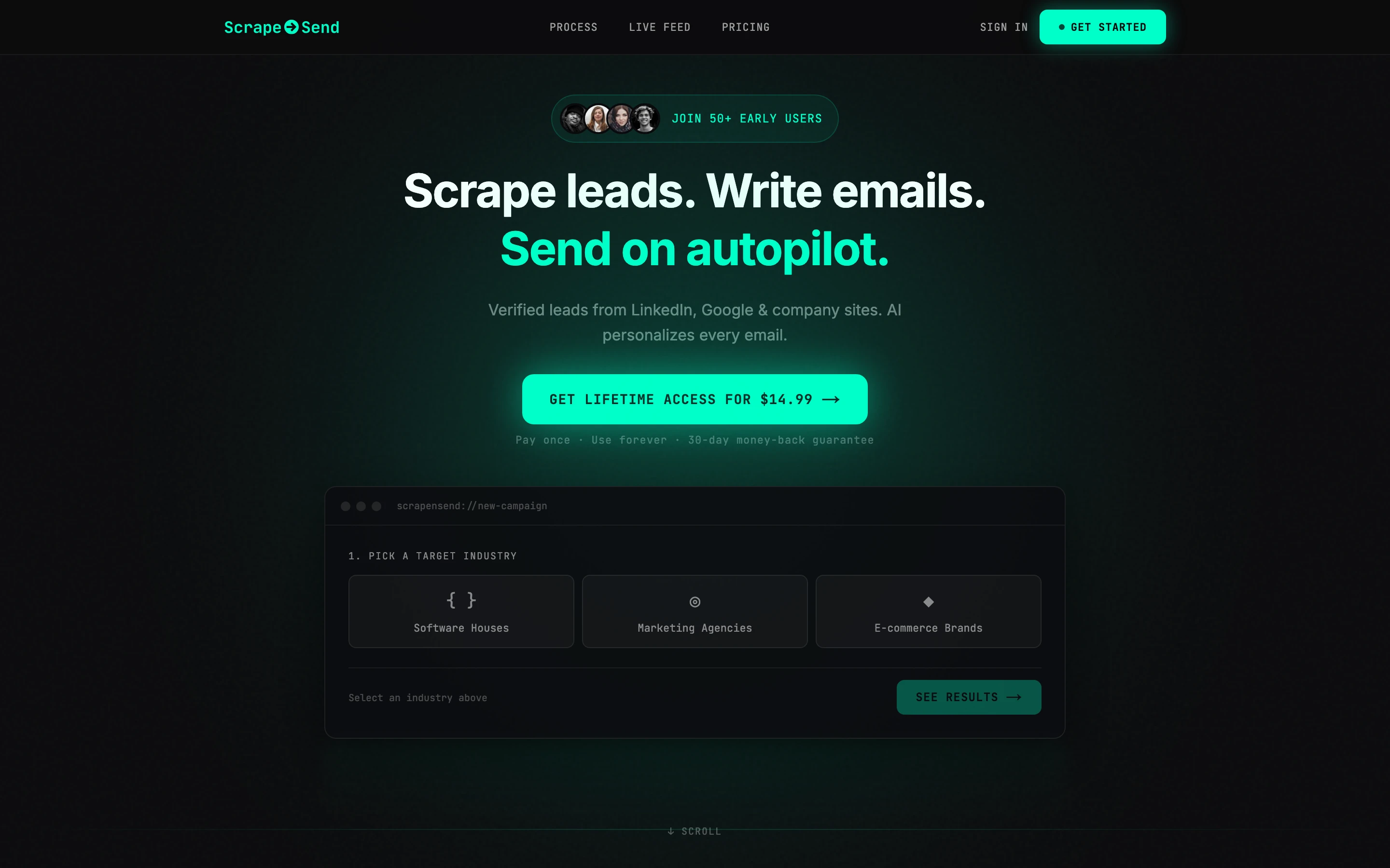 scrapensend.com homepage: Scrape leads. Write emails. Send on autopilot.