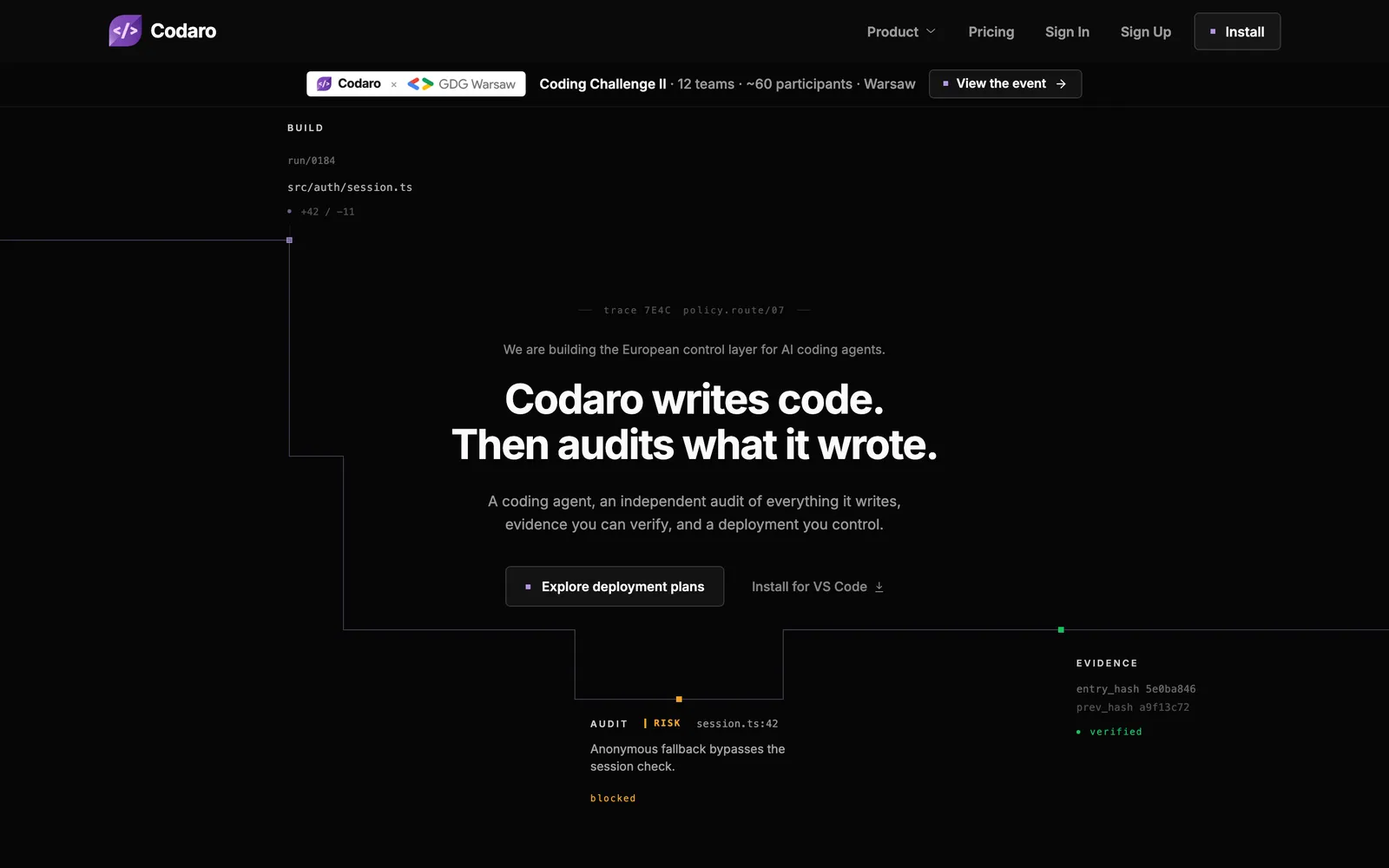 codaro.dev homepage: Codaro writes code. Then audits what it wrote.